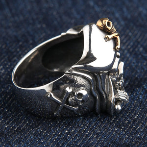Pirate Skull Sterling Silver Ring with Gold Jolly Roger, ring reverse