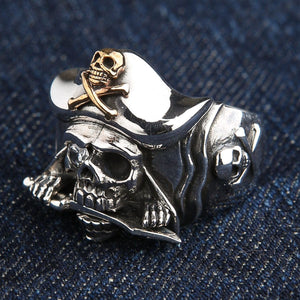 Pirate Skull Sterling Silver Ring with Gold Jolly Roger, ring side profile