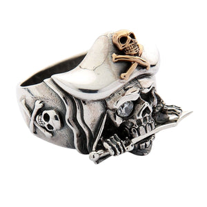 Pirate Skull Sterling Silver Ring with Gold Jolly Roger, ring three quarter left