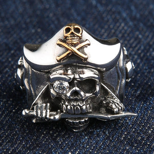 Pirate Skull Sterling Silver Ring with Gold Jolly Roger, ring three quarter right