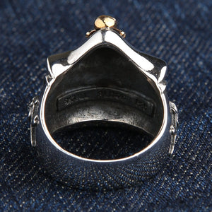 Pirate Skull Sterling Silver Ring with Gold Jolly Roger, ring top angle