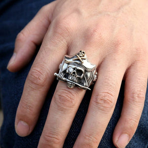 Pirate Skull Sterling Silver Ring with Gold Jolly Roger, worn on the hand