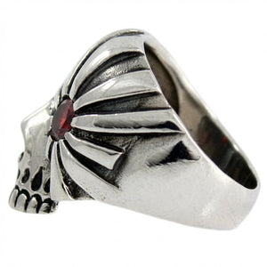 Pirate Skull Sterling Silver Ring with Red Stone, band side