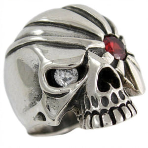 Pirate Skull Sterling Silver Ring with Red Stone, clear eye angle