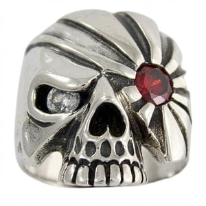 Pirate Skull Sterling Silver Ring with Red Stone, red patch angle