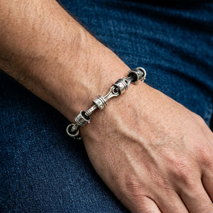 Motorcycle Piston Sterling Silver Link Bracelet, worn on the wrist