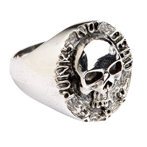 Bague tête de mort Punk Not Dead en argent sterling, crâne incliné et lettrage en relief