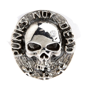 Bague tête de mort Punk Not Dead en argent sterling, lettrage frontal Punk Not Dead et crâne