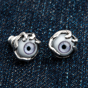 Purple Eye Claw Sterling Silver Stud Earrings shown in eye studs pair angle view.