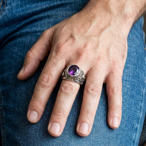 Purple Stone Dragon Tiger Sterling Silver Ring worn on a relaxed hand