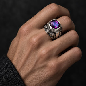 Purple Stone Dragon Tiger Sterling Silver Ring worn on a hand