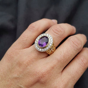 Purple CZ Gold-Plated Sterling Silver Bishop Ring, worn on an adult hand