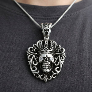 Queen Crown Skull Sterling Silver Pendant, worn chest detail