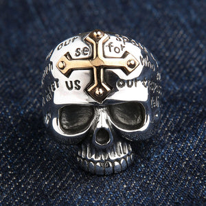 Front view of the R2586 sterling silver skull ring with 14K yellow gold cross and prayer engraving