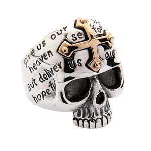 Side view of the R2586 sterling silver skull ring showing the engraved Lord's Prayer detail