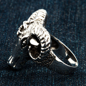 Silverring med baggeskalle, vänster horn och skenprofil