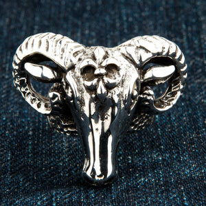 Silverring med baggeskalle, baggeskallens framsida på denim