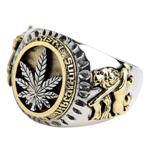 Rasta Lion Cannabis Leaf Sterling Silver Ring, a men s reggae style pot leaf ring a unique piece of spiritual jewelry