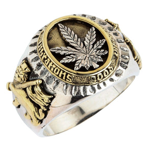 Rasta Lion Cannabis Leaf Sterling Silver Ring, a two tone marijuana leaf signet ring for men handcrafted from sterling silver a