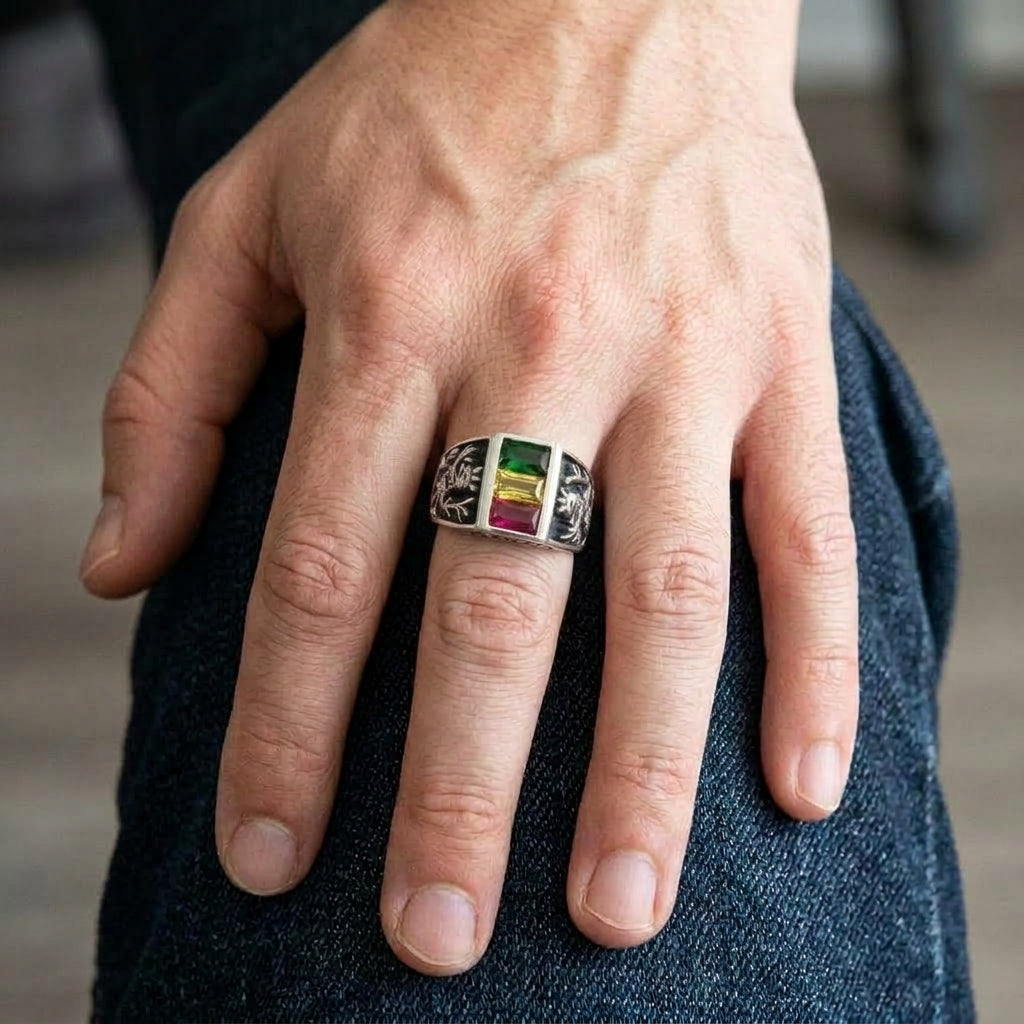 Small three-stone Rasta lion silver ring worn on a male hand