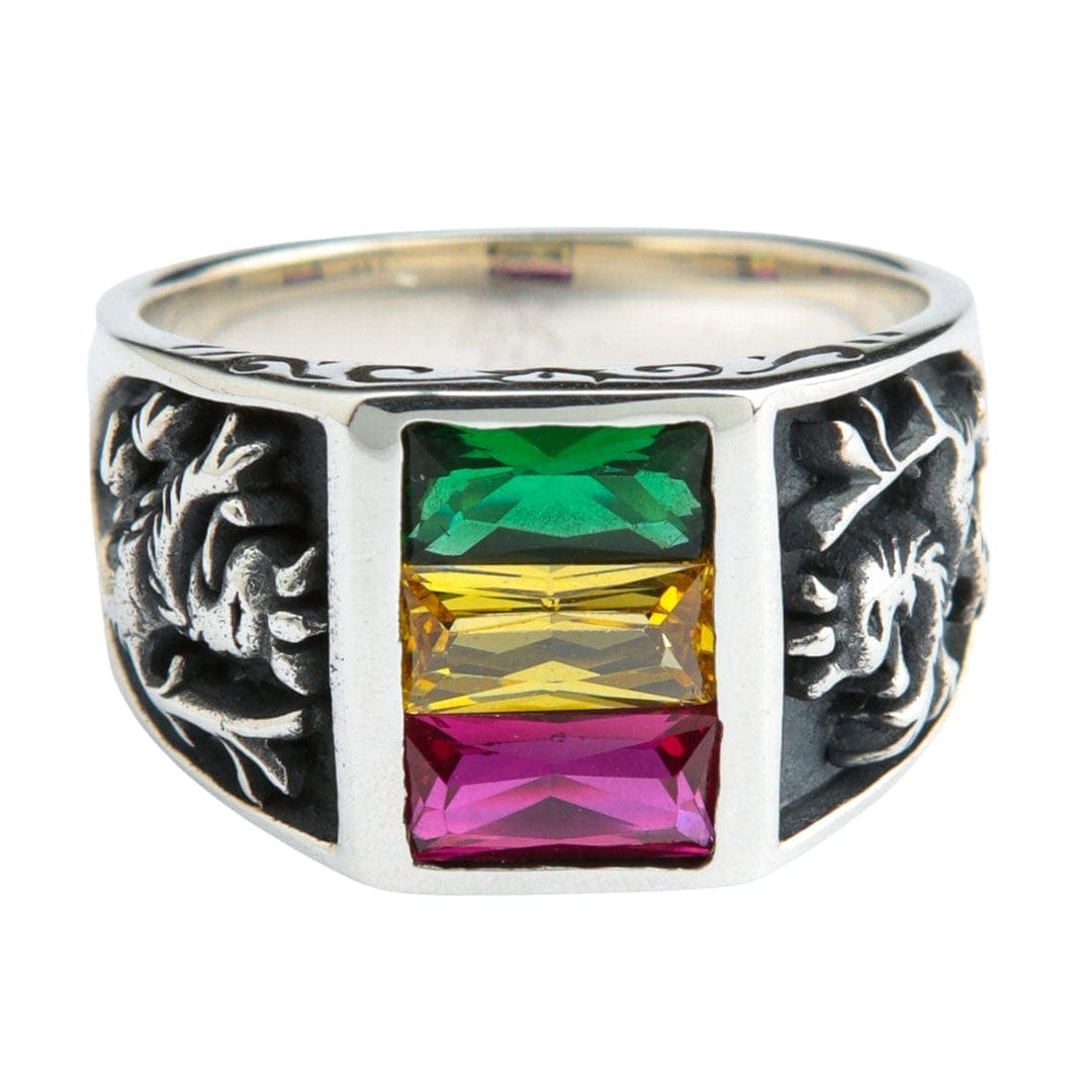 Rasta Lion Three-Stone Sterling Silver Ring, three stone front