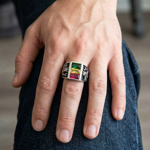 Rasta Lion Three-Stone Sterling Silver Ring, worn on hand