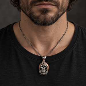 Rasta Skull Sterling Silver Pendant, shown in use at realistic scale