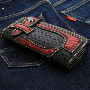 Red Cobra Inlay Woven Leather Biker Wallet, front angle