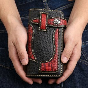 Red Cobra Inlay Woven Leather Biker Wallet, shown in use at realistic scale