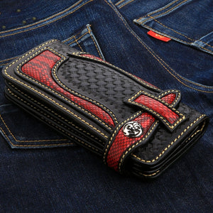 Red Cobra Inlay Woven Leather Biker Wallet, red cobra inlay