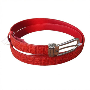 Red crocodile belt with silver buckle mechanism showing interchangeable screw holder system