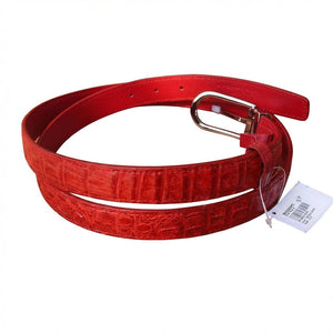 Red crocodile leather belt showing smooth red leather lining and silver buckle with price tag