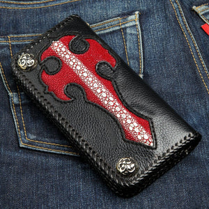 Red Cross Stingray Leather Biker Wallet, front diagonal denim