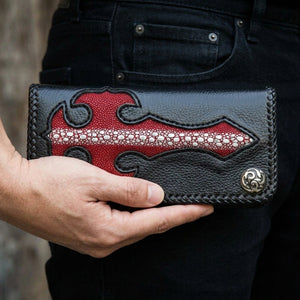 Red Cross Stingray Leather Biker Wallet, held at the waist