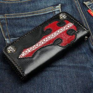 Red Cross Stingray Leather Biker Wallet, opposite front denim