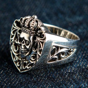 Red CZ Crowned Skull Sterling Silver Ring. Crown right scroll angle.