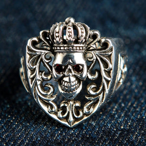 Red CZ Crowned Skull Sterling Silver Ring. Crown skull shield front.