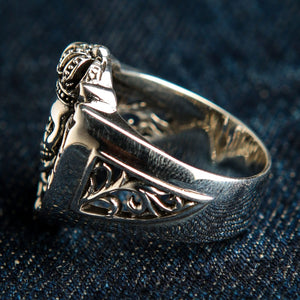 Red CZ Crowned Skull Sterling Silver Ring. Left openwork shoulder.