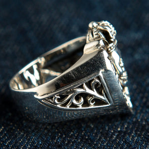 Red CZ Crowned Skull Sterling Silver Ring. Right openwork shoulder.