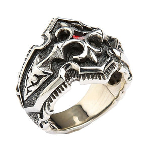 Bague croix de chevalier en argent sterling 925 et zircone cubique rouge, épaules gravées sous un angle diagonal