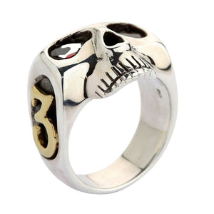 Red CZ Skull Silver Ring with Gold Accents. Inner band face angle.