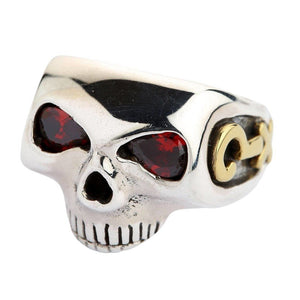 Red CZ Skull Silver Ring with Gold Accents. Number three front angle.