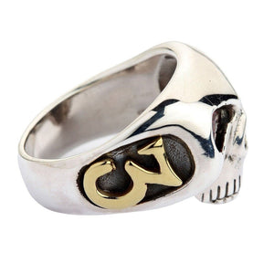 Red CZ Skull Silver Ring with Gold Accents. Number three rear angle.