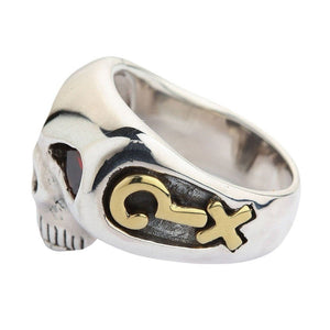 Red CZ Skull Silver Ring with Gold Accents. Question mark cross profile.