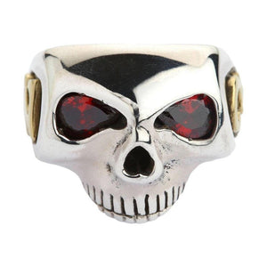 Red CZ Skull Silver Ring with Gold Accents. Red eyes front.
