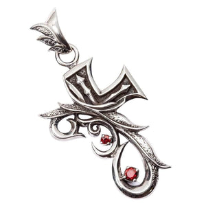 Red CZ Tribal Gothic Cross Sterling Silver Pendant, pendant opposite angle