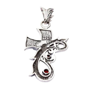 Red CZ Tribal Gothic Cross Sterling Silver Pendant, pendant reverse hallmark