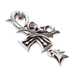Red CZ Tribal Gothic Cross Sterling Silver Pendant, pendant side angle
