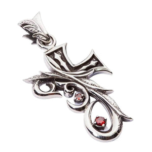 Red CZ Tribal Gothic Cross Sterling Silver Pendant, pendant three quarter left