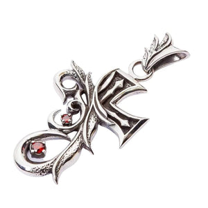 Red CZ Tribal Gothic Cross Sterling Silver Pendant, pendant three quarter right